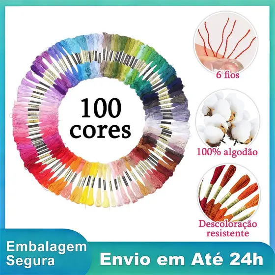 Kit 100 Pontos de Bordado Ponto Cruz Artesanato Linha de Algodão e Poliéster