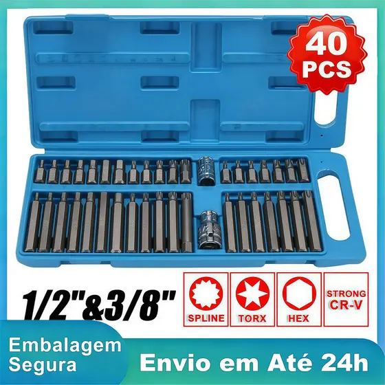 Kit 40 Peças Bits Torx Allen Multidentada Aço Cromo Vanádio Ferramentas