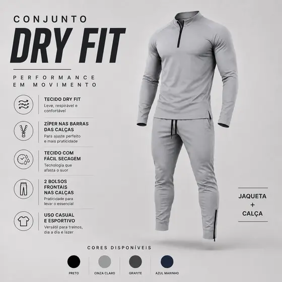Conjunto Masculino Dry Fit Respirável Jaqueta Gola Alta + Calça com Zíper na Barra e Bolsos Academia Treino Uso Casual
