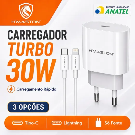 H'maston CB-17 Carregador Turbo PD30w  Fonte Carregar Celular Portátil Com Cabo Usb  Tipo-c Lighting