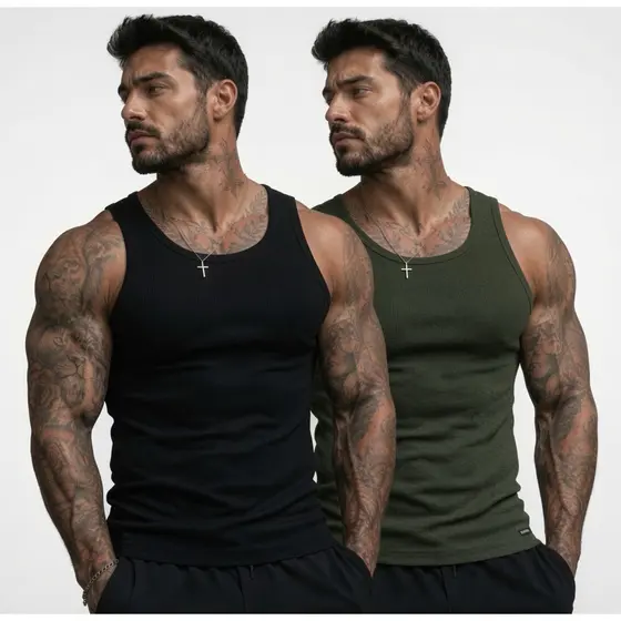 Kit 2 Regata Masculina Ribana Canelada  Slim Algodão e Elastano Americana Básica Academia Estilosa