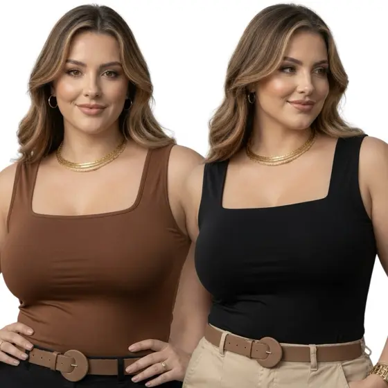 Blusa Regata Plus Size Social Chique com Gola Quadrada Verão Moda Feminina