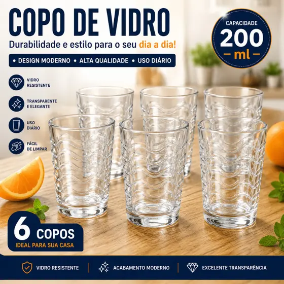Kit 6 Copos de Vidro 200ml Jogo Copo Água Suco Refrigerante Resistente Moderno |3610-STRIPES| Novidade