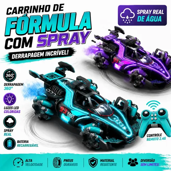 Carro F1 de Controle Remoto e Gestos com Spray, Luz LED e Drift - Brinquedo Infantil Recarregável