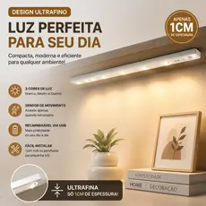 Luminária para Armário 60cm com Sensor 3 Tons de Luz USB