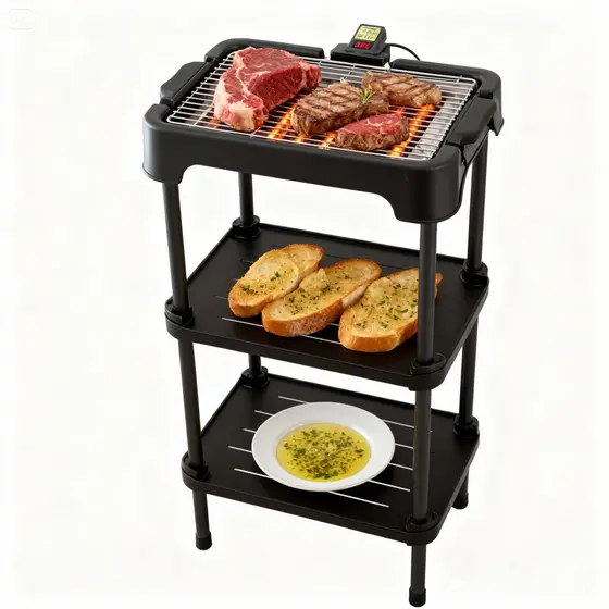Churrasqueira Elétrica com Pedestal Carrinho 3 Níveis Portátil Sem Fumaça Para Apartamento Varanda Grelha Grill