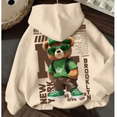 Moletom Canguru Flanelado  Confortável Estampa Tendência de Urso Cartoon NY Minimalista Unissex