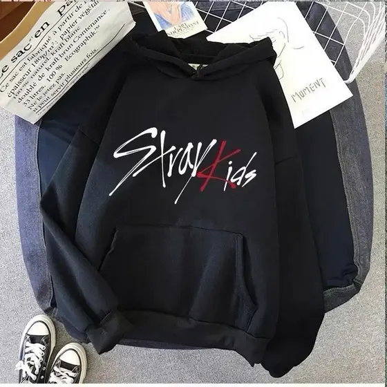 Moletom Canguru Banda Stray Kids Assinatura Escritos Moda K-Pop Infantil E Adulto Feminino Unissex