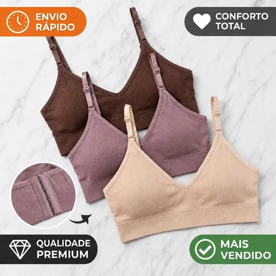 Kit 3, 2 ou 1 Unidade Sutiã Top Feminino Reforçado Poliéster Alças Reguláveis Bojo Removível
