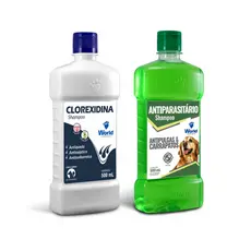 Kit 1 Shampoo Antiparasitario e 1 Shampoo de Clorexidina Caes e Gatos Word Veterinaria 500ml
