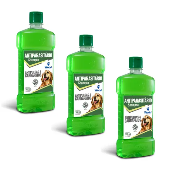 Kit com 3 Shampoos Antiparasitario Para Caes 500mL World Veterinaria