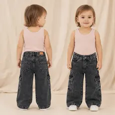 Calça Cargo Infantil Menina Jeans Preto Estonado Marmorizada Streetwear Estilosa