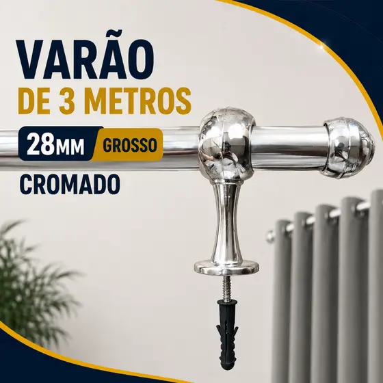 Varão de Cortina 3,00 Metro Cromado 28mm (Grosso) de Emenda para sala/quarto/cozinha