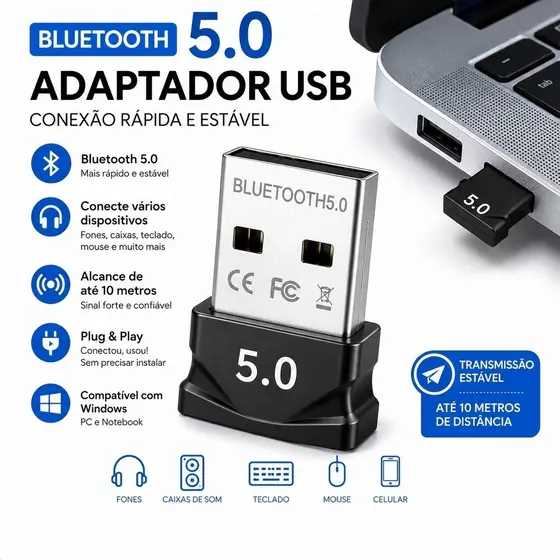 Adaptador Bluetooth 5.0 USB Transmissor Áudio Sem Fio para Notebook e Carros