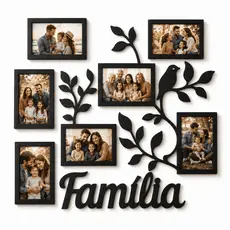 Porta Retrato Familia MDF 7 Fotos Galhos Passaro Quadro Decorativo Parede Casa 50x45cm