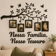 Painel Decorativo Nossa Família Nosso Tesouro com Árvore Pássaros e 5 Porta Retratos em MDF