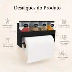 Suporte Porta Condimentos MDF Preto Papel Toalha Cozinha Organizador Parede Bancada Decorativo