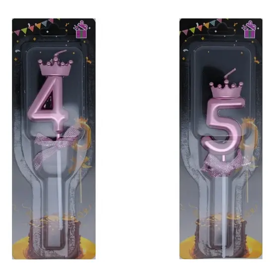 Vela de Aniversário Coroa Rosa Palito com Laço 0-9