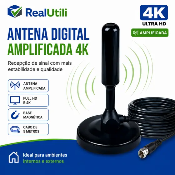Antena Digital 4k Smart Tv Full Hd Amplificada Interna E Externa Cabo 5 Metros Base Imã - RealUtili