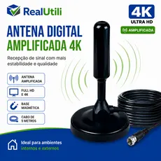 Antena Digital 4k Smart Tv Full Hd Amplificada Interna E Externa Cabo 5 Metros Base Imã - RealUtili