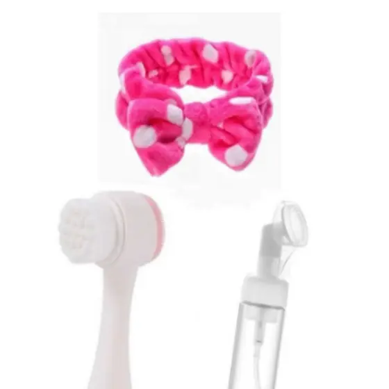 Kit 1 de Frasco Pump Espuma Limpeza Facial Skin Care Silicone +1 Faixa Toalha+1 Escova Limpeza Facial 2 Em 1