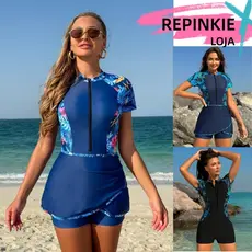 Maiô Feminino Praia Burkini Tankini com Zíper de Manga Curta Conjunto de Estampa Contrastante