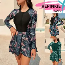 Conjunto Maiô Natacao Feminino Praia Estampa E Manga Longa Raglan De Plantas Tropicais