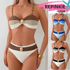 Conjunto de 2 Peças Maiô Biquíni Feminino Apresentando com Contas Metálicas em Recorte Tricolor