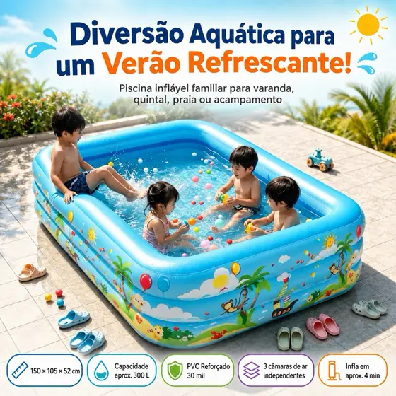 🔥 🔥 Piscina Inflável Infantil Retangular 3 Anéis 300 Litros 150x105x52cm 250L 126x90x56cm Familiar Grande Reforçada