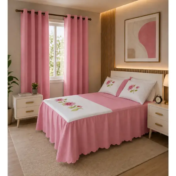Jogo de Cama Em Colcha Casal Bordado 3 Peças Oxford Floral Com 2 Fronhas Colcha Casal Sem Babado
