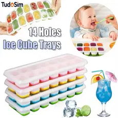 Formas de Gelo Silicone Com Tampa Rígida Flexível Fundo Retangular 14 Cubos Multiuso Lavável