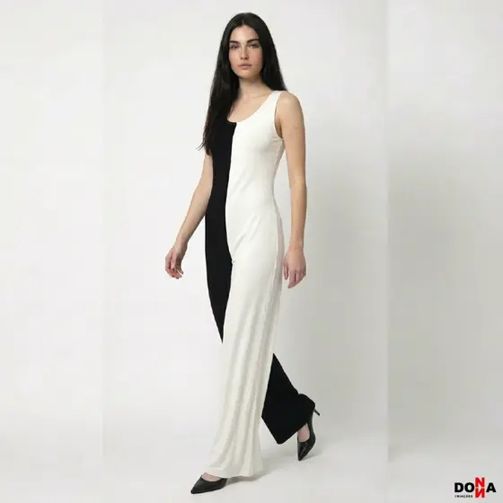 Macacão Feminino Longo Bicolor Preto e Branco – Macacão Elegante Sem Manga
