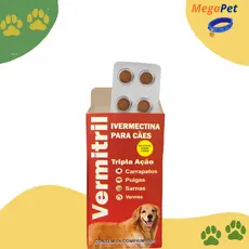 Vermitril Caes Anti Pulgas Carrapatos Vermes Sarnas  3mg 4 Comprimidos Trata 15kg