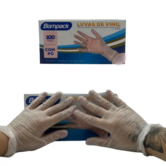 Luvas Descartáveis Bompack De Vinil Com 100 Unidades P, M e G