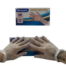 Luvas Descartáveis Bompack De Vinil Com 100 Unidades P, M e G