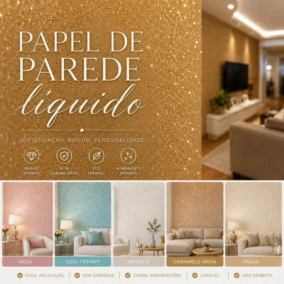 Papel de Parede Líquido Premium Com Dourado EuroPaper Decoração Para Quarto Sala Diversas Cores