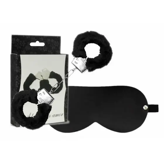 KIT Venda Tapa Olho + Algemas de Metal Com Pelúcia PRETA - SEX SHOP