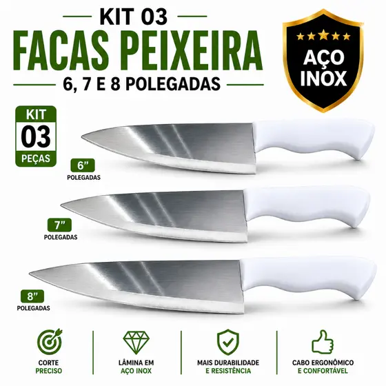 Kit 3 Facas Peixeira em Inox Premium 6", 7" e 8" Polegadas, Para Carnes, Peixes, Legumes, Açougue, Churrasco Cozinha