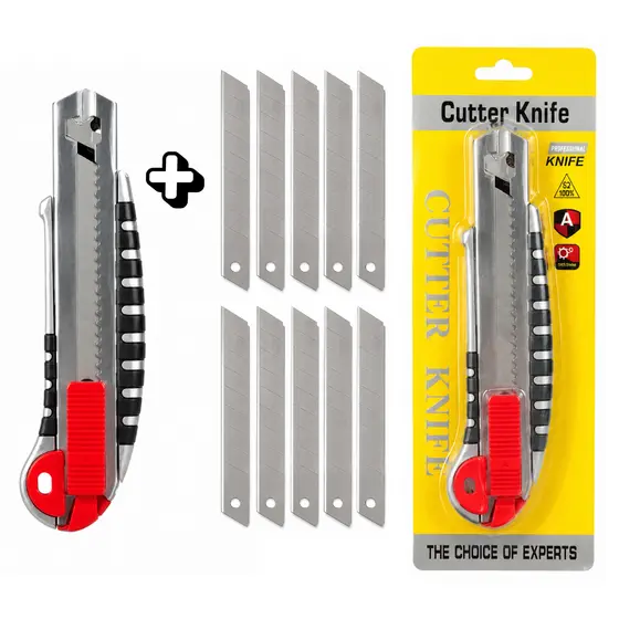 Kit Estilete Metal Emborrachado + Até 15 Lâminas Extras 18mm Aço Recarga Automática