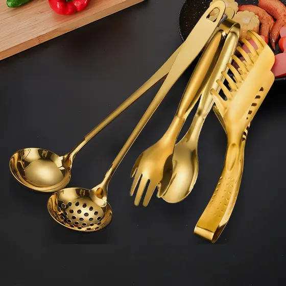 kit 4 talheres de aço inoxidável dourado Pinças para pão, pinças para carnes, colher de sopa, ralo de sopa