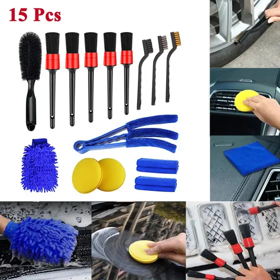 Kit 15 Peças Lavagem Automotiva Esponja + Escova + Flanela 30x40cm + Aplicador de Cera + Luva Microfibra + Pincel