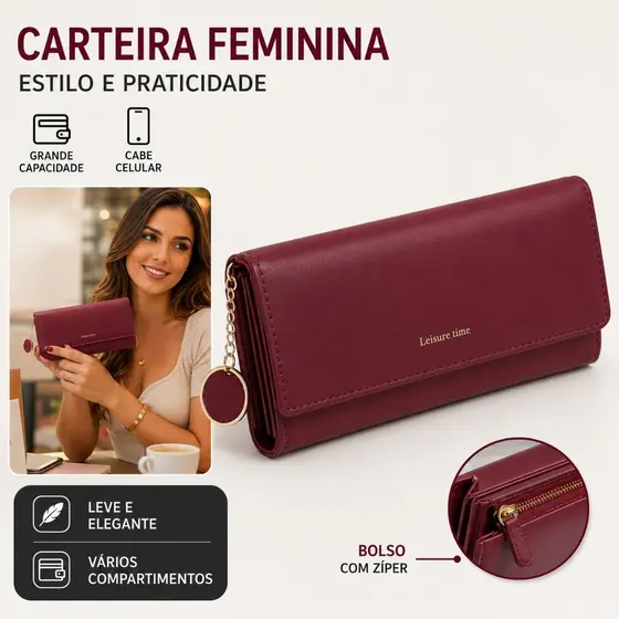 Carteira Comprida Multiuso Feminina / Porta-Cartão com Fivela / Bolsa Fashion para Mulheres
