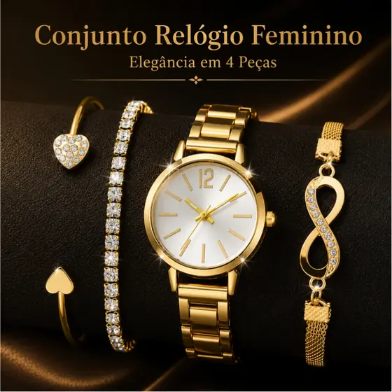 Kit 4 Peças Relógio Feminino Analógico de Quartzo com Pulseiras Elegantes da Moda
