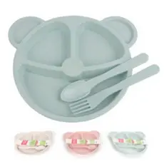 Kit Prato Infantil Ursinho Divisórias Com Garfo E Colher Sem Bpa - Cores Verde, Rosa ou Bege