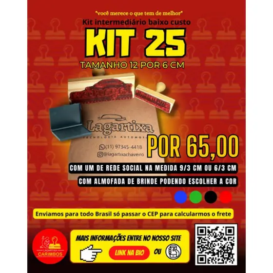 carimbos personalizados kit 25 ( 1 carimbo de 12/6 cm + 1 de rede social 9/3 )+ 1 almofada