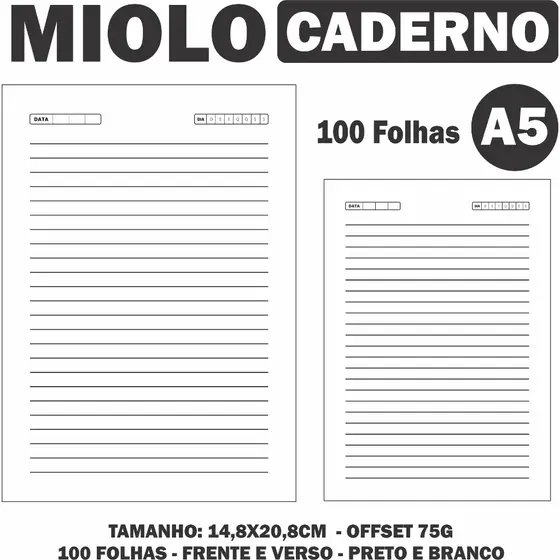 Miolo Pautado - Tamanho A5 - Miolo P/B - 100 folhas - Kit 5/10 Unidades