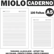 Miolo Pautado - Tamanho A5 - Miolo P/B - 100 folhas - Kit 5/10 Unidades