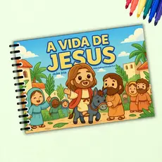 LIVRO DE COLORIR - A VIDA DE JESUS 15X21CM) | 50 FOLHAS + PLÁSTICO PARA NÃO MANCHAR