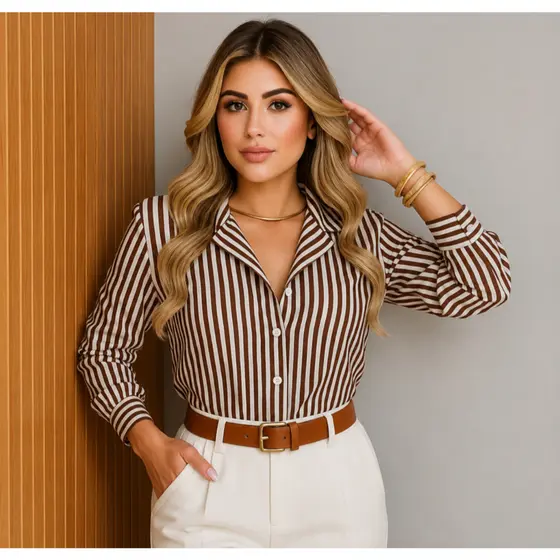 Camisa Social Feminina Manga Longa De Crepinho Listrado CREPE PREMIUM