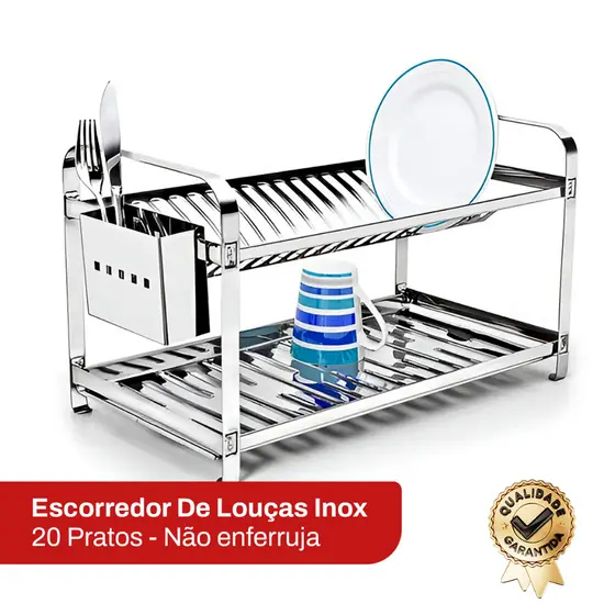 Escorredor de Louças Inox para 20 Pratos com Porta Talher, Organizador de Pia Resistente